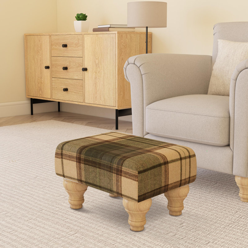Tartan Material Large Footstools Tartan - Olive Green - Wood Turned Leg, Natural