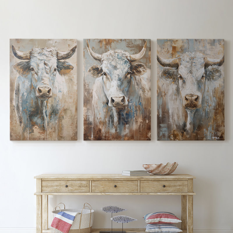 Bovine Study Series XLVII -Set Of 3 Gallery Wrapped Canvas -Ready to Hang, 27" H x 18" W