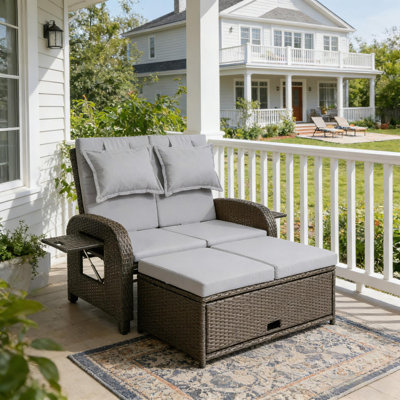 3-in-1 Convertible Design Reclining Sofa,Wicker Outdoor Daybed,Rattan Daybed