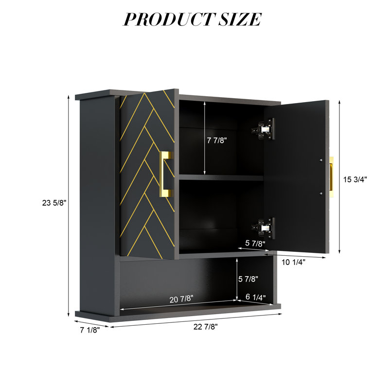 Wall Mounted Bathroom Medicine Cabinet With Open Shelves & Metal Handle, Matte Black