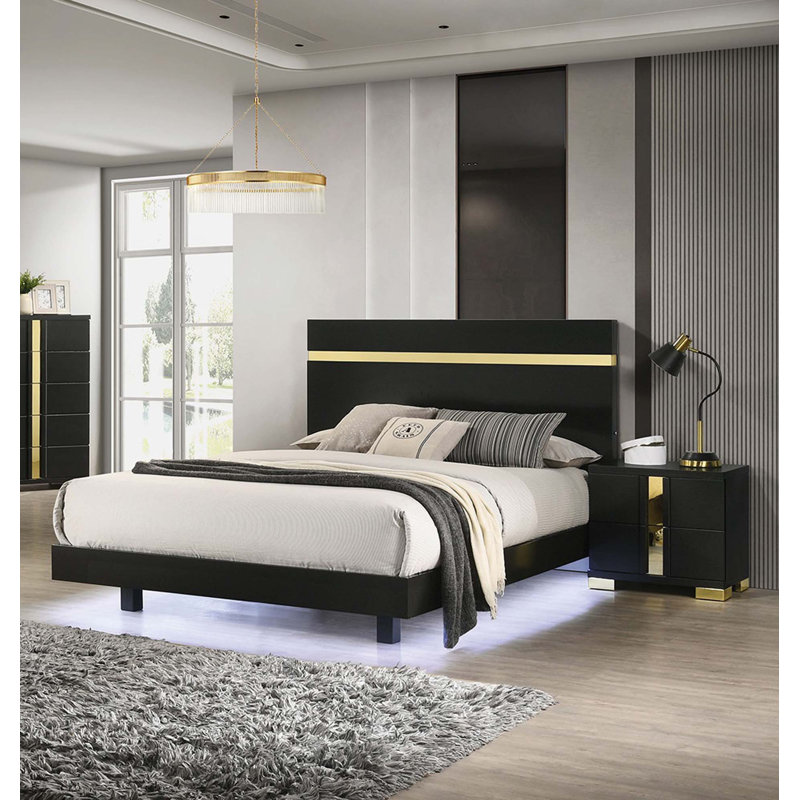 Ensemble de chambre à coucher 3 pièces avec tables de chevet 2X DEL, Grand, Noir