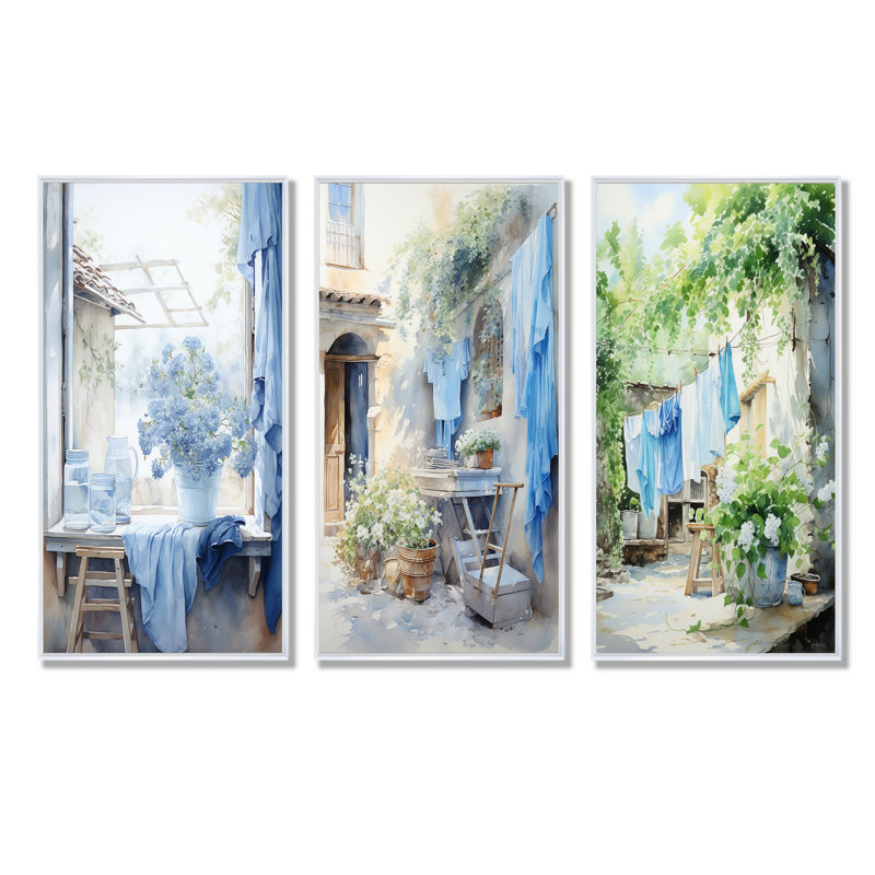 Ensemble de 3 impressions murales en Wash Wash Blues In France I - Laundry, Cadre flottant blanc, H 40 po x l 60 po