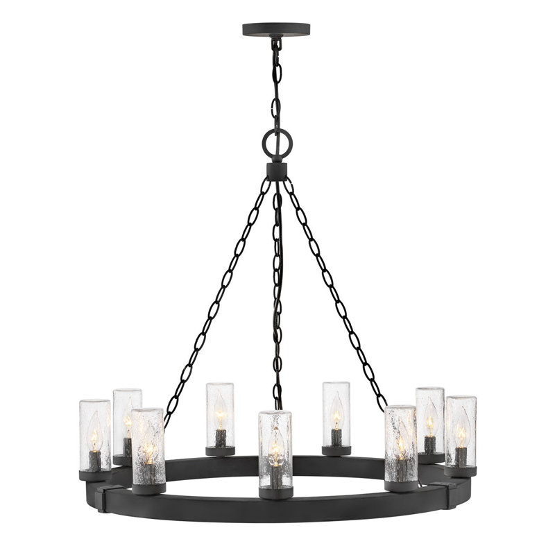Sawyer Black 9-Light LED Outdoor Chandelier with Clear Seedy Glass