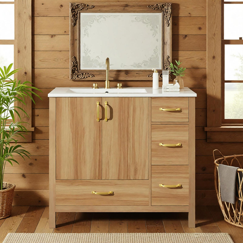 Meuble-lavabo de 36 po en bois avec cadre en bois massif, 2 portes à fermeture douce, 4 tiroirs à fermeture douce, tablette réglable, armoire de rangement moderne