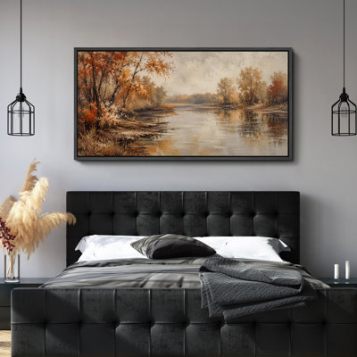 «Autumn River Landscape with Golden Trees And Peaceful Woodland Scenery», impression murale sur toile encadrée