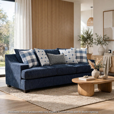 Sofa Marie avec coussins réversibles, coussins à carreaux, chenille bleue