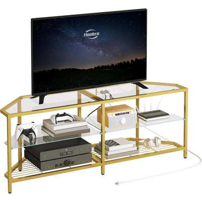Meuble télé de coin avec prise électrique, centre multimédia moderne avec étagères ouvertes, console multimédia en verre trempé pour salon et chambre, doré
