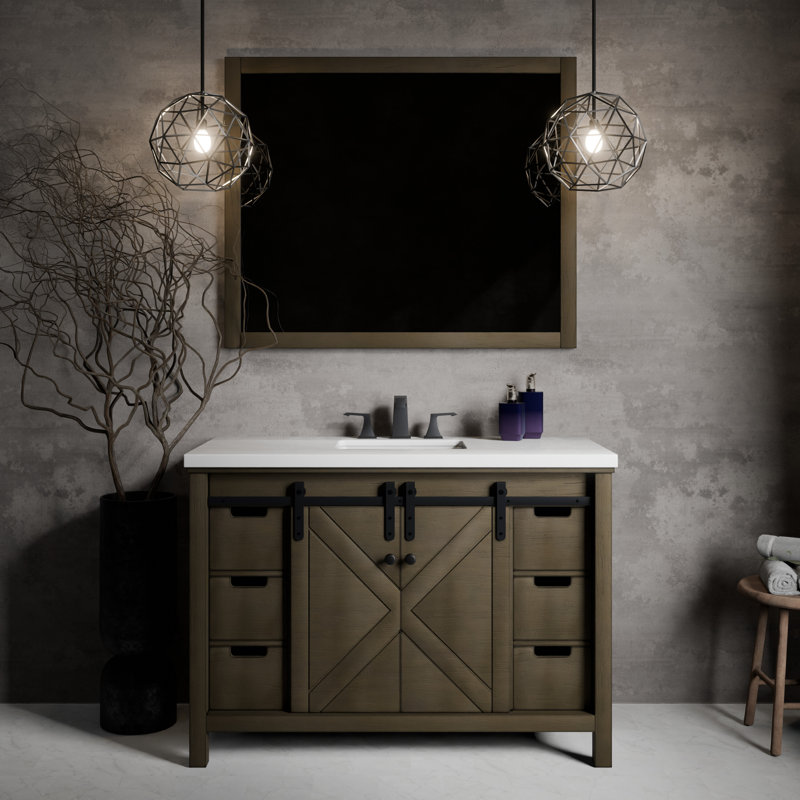 Ensemble de meuble-lavabo simple avec robinet l 48 po x P 22 po Marsyas, Brun rustique, Marbre de culture blanc
