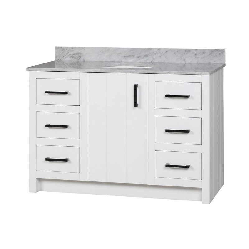 48'' Single Bathroom Vanity with Marble Top, Matte Black, White