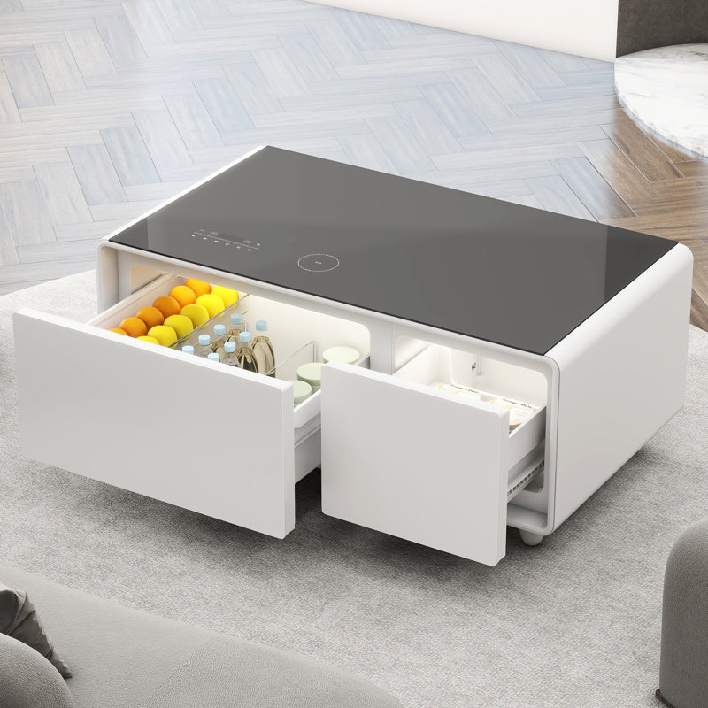 Smart Coffee Table Featuring Built-In Fridge, Sound, Wireless Charging, Ports, Removable Door Seal, White With Refrigerated Drawers, Atmosphere , Ports - Rectangular