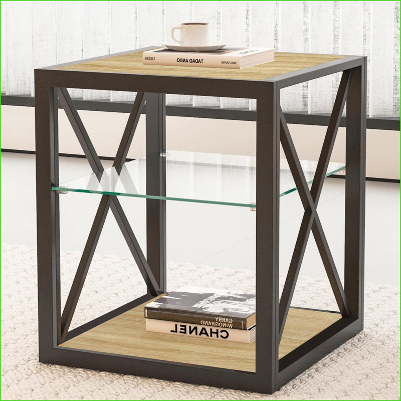 Space-Saving Industrial Coffee Table with Tempered Glass & Wood MDF, Easy-Clean for Living Room/Bedroom, Natural Wood