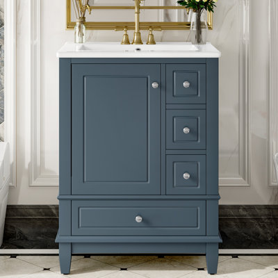 Meuble-lavabo 24 po avec lavabo et tiroirs, meuble-lavabo autoportant gris-bleu avec plateau en céramique et tablettes de rangement, panneau de fibres à densité moyenne et base en bois massif, meuble-lavabo moderne pour les petites salles de bain