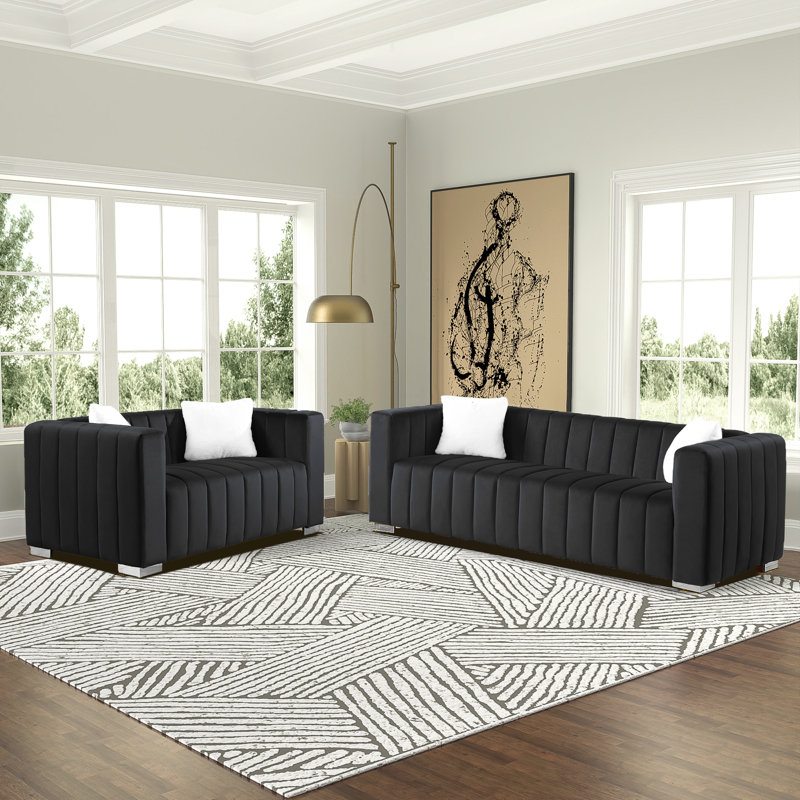Ensemble de salon en velours 2 pièces Clifford, Argent, Velours noir