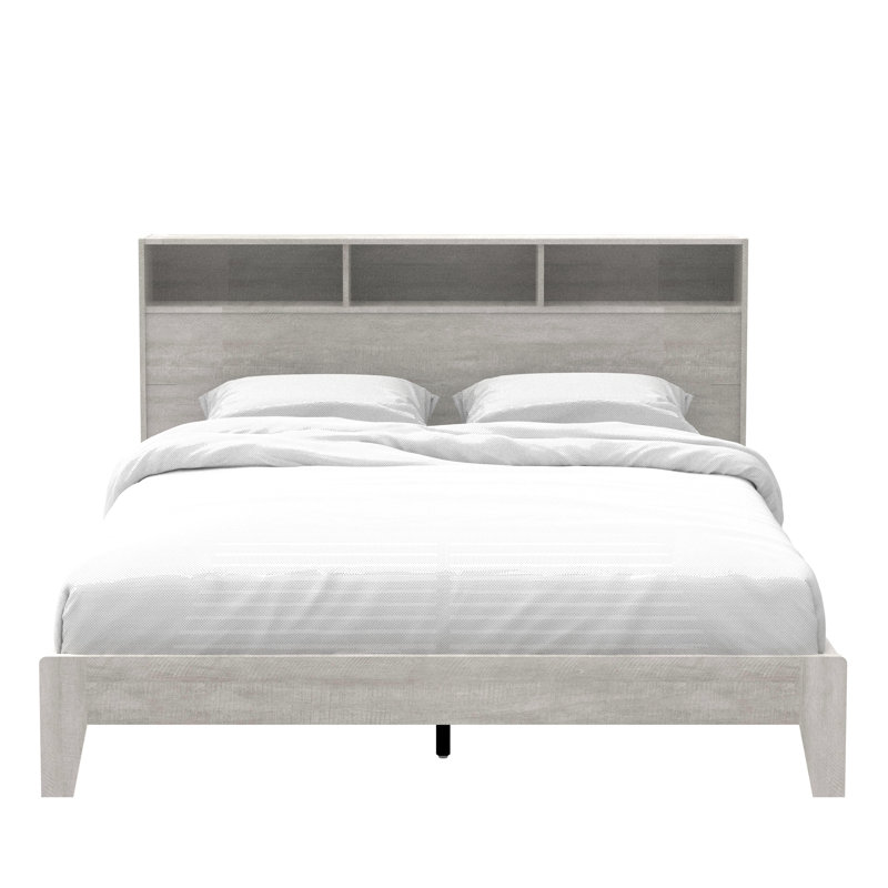 Allysyn Modern 64.5" W Queen Platform Bed With Headboardwith Bookcase Headboard, Dusty Gray Oak