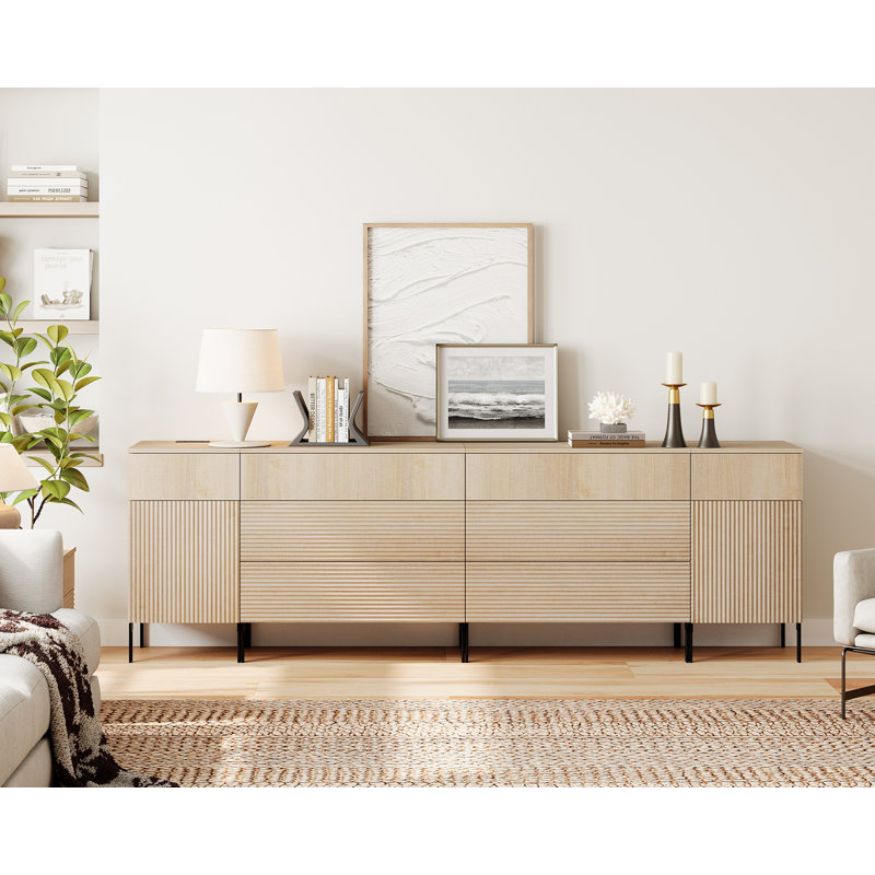 94.5" Reeded Accent Cabinet Set With Doors And Drawers, Modern Credenza Storage Cabinet With Charging Station For Living Room, Kitchen, Dining Room, Hallway