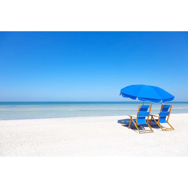 Lounge Chairs And Umbrella At The Beach by Bertlmann - Wrapped Canvas Print, 30cm H x 46cm W