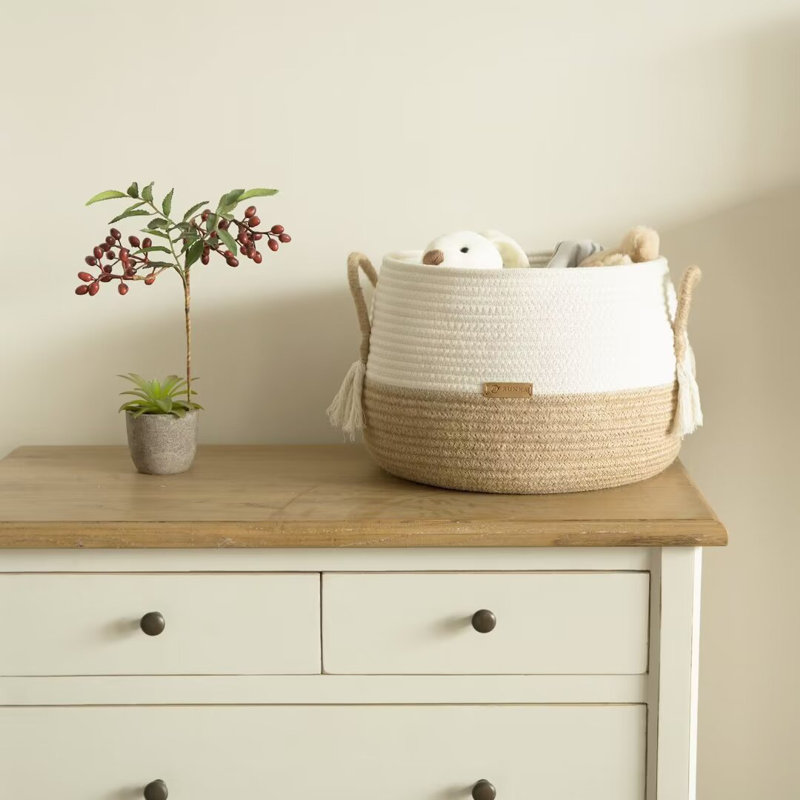 Boho Cotton Rope Baskets, Cube Basket, Under Shelf Basket for Living Room, Bedroom, Nursery, 11.8" H x 15.7" W x 15.7" D