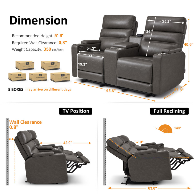 65.5" Wide Wall Hugger Power Reclining Loveseat with Outlets for Small Spaces, RV Loveseat Sofa with Armrest Storage, 360° Swivel Tray Table