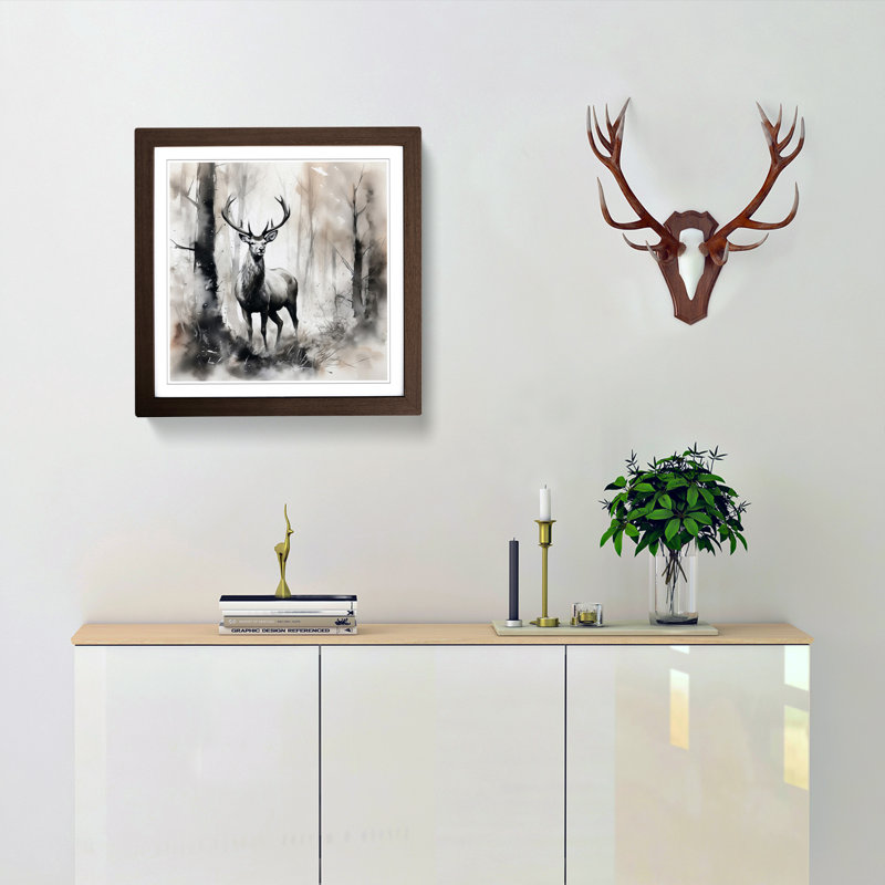 Stag In A Forest Ink No.2 - Single Picture Frame Print on Wood