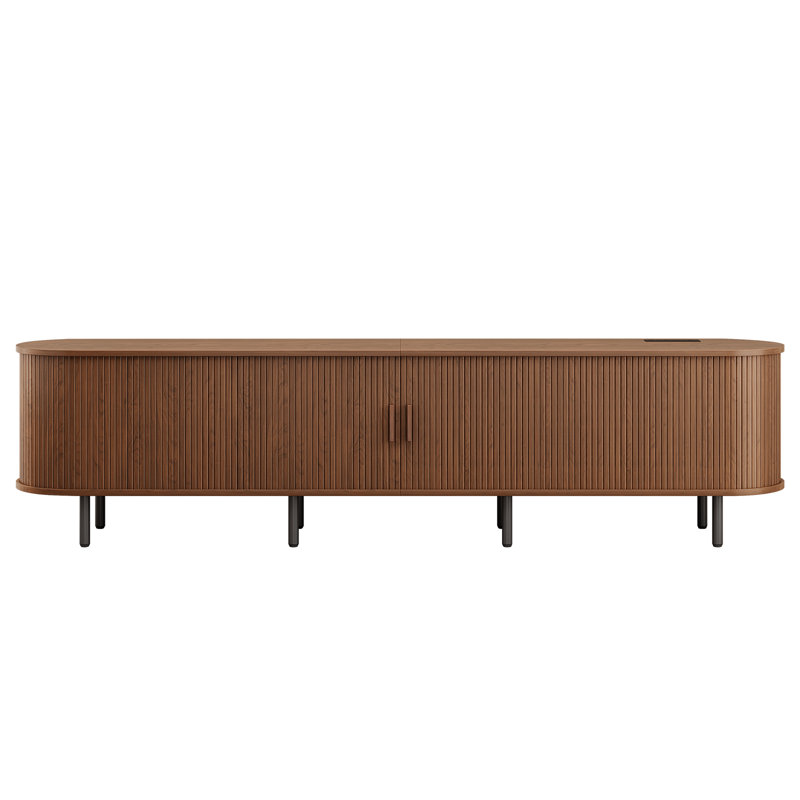 Meuble télé pour téléviseur de 80 po ou moins en bois manufacturé et moderne, 21.7" H x 86.6" W x 15.7" D, Noyer
