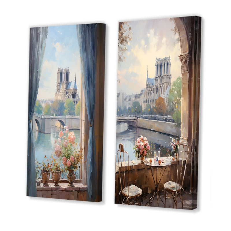 Notre Dame Of Paris Floral View I - Paris Canvas Prints Set Of 2, 28" H x 25" W, Wrapped Canvas