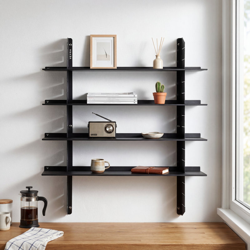  Étagère flottante réglable en métal, présentoir mural industriel de designer, 4 tablettes, Black