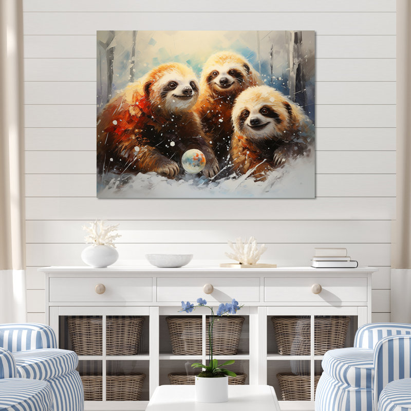 Brown Sloths Winter - Slothwall Art, 30" H x 40" W x 1.5" D, Gold Closed Corner Framed