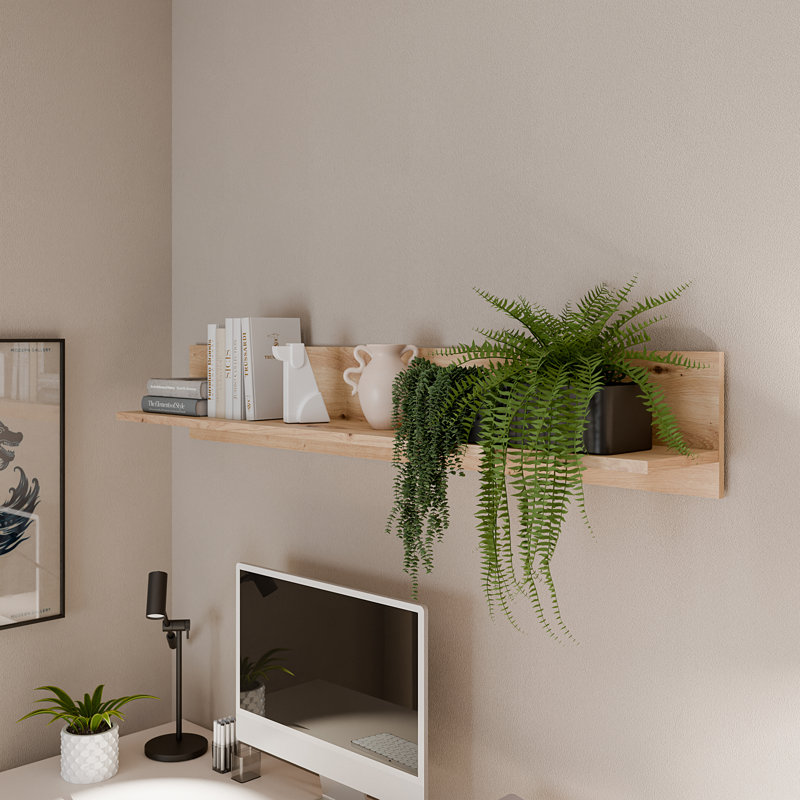 Sabel Modern wall panel with shelving, hanging board, living room, bedroom, engineered wood, warm oak decor, 140 cm W x 22.5 cm H x 21.5 cm D