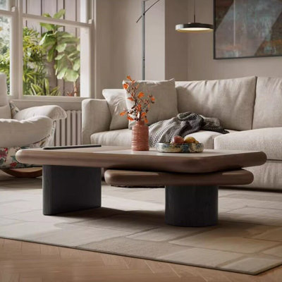 Table basse brune en fritté brun + bois massif