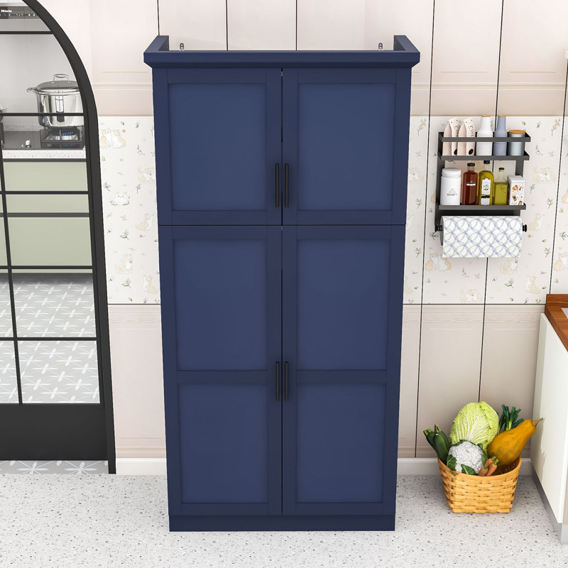 Spacious Freestanding Pantry Cabinet with Adjustable Shelves, Pull-Out Trays, Blue, Black