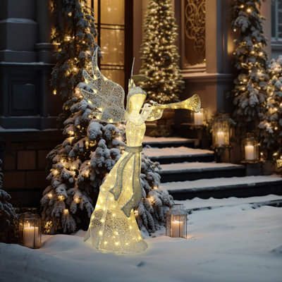 5Ft Angel Playing Gold Trumpet Outdoor Holiday Decoration with Lights
