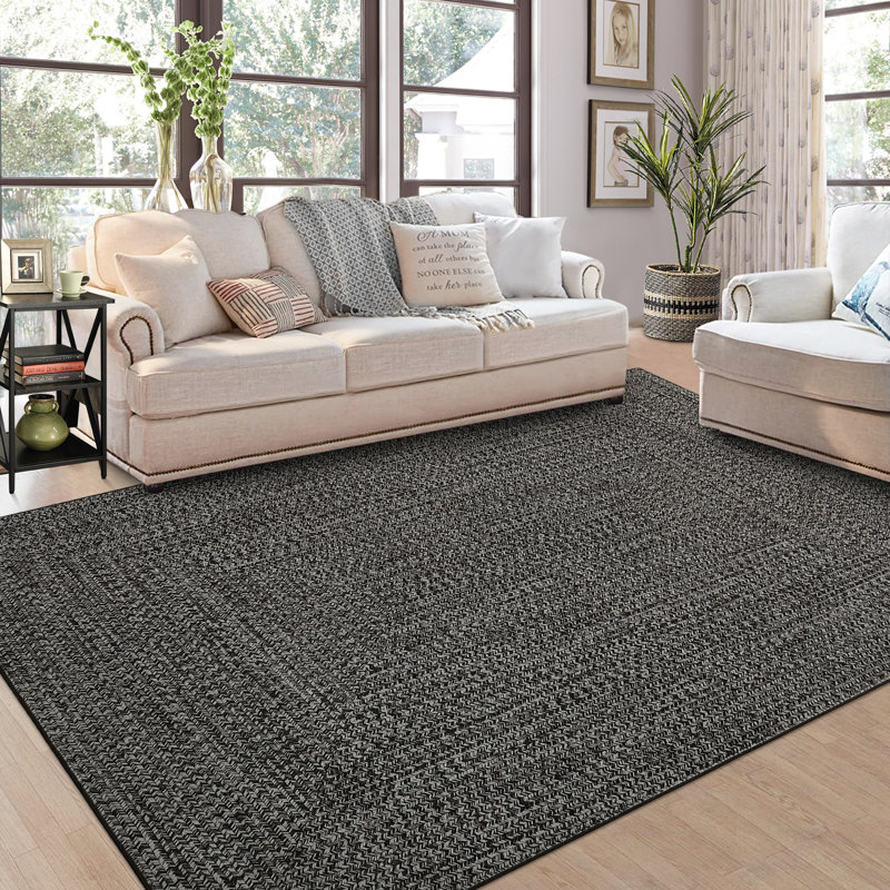 Braided Printed Texture Machine Washable Rug with Rubber Backing for Living Room Non-Slip Dining Room Rug Easy-Cleaning Floor Carpet for Bedroom