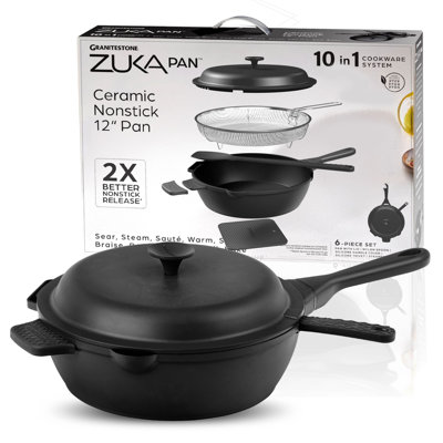 Granitestone Zuka Everyday 12in Nonstick Multifunctional Pan With Lid, Nylon Spoon, And Steamer Basket