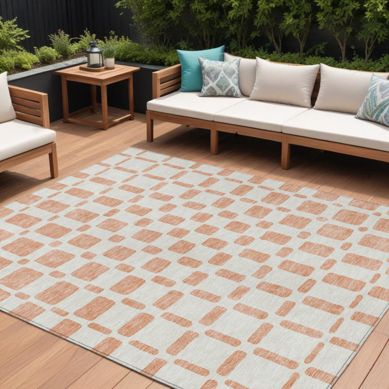 Tapis extérieur lavable géométrique 10 pi x 14 pi pêche et beige
