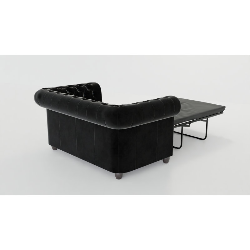 Chesterfield Hanna 2 Seater Sofa with Sleeping Function Made of Velvet Fabric with Solid Wood Legs, Black