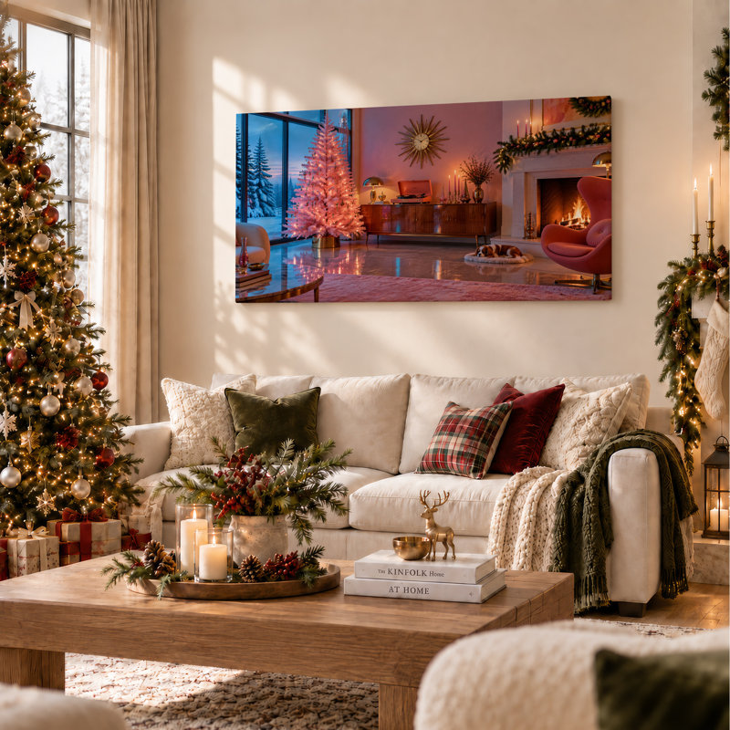 Art mural Mid-Century avec arbre rose et toile de Noël, L 46 po x H 24 po