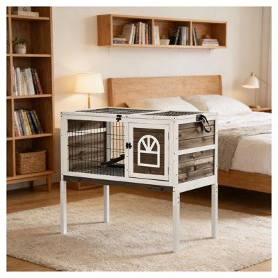 Wood and Metal Rabbit Hutch with Spacious Living Area, Coffee and White Finish