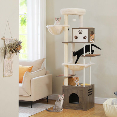 Tour à chat en bois avec très grands condos et hamacs Spacieux perchoir en sisal avec poteaux à griffer pour chats adultes d'intérieur