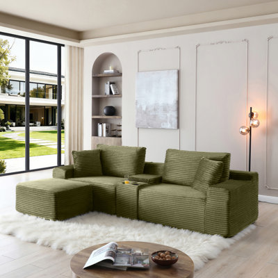 Canapé modulaire modulaire avec assise profonde, tissu en velours côtelé, porte-gobelets, ports USB, boîte de rangement et repose-pieds mobile pour le confort du salon