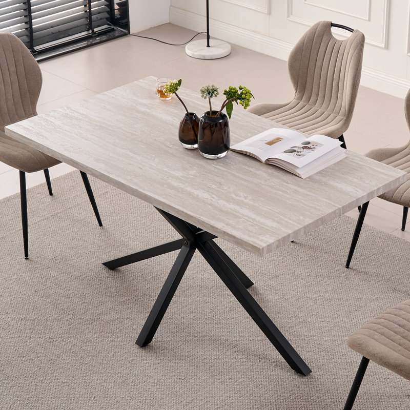 55.1" Rectangle Dining Table for 2 4, Small Mid Century Modern Kitchen Table with Metal Cross Legs,Gray, Gray