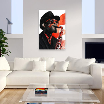 Red Saxophone Player Retro Vibrant Abstract Portrait Wall Art Print 1 Piece Wrapped Canvas Wall Art