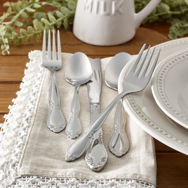 RiverRidge Rose Flatware 46-Piece Monogrammed Stainless Steel Silverware Set for 8, W