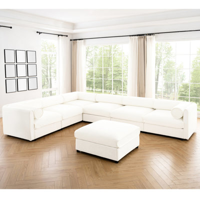 Canapé modulaire 6 places avec rangement, chenille blanche, cylindrique ergonomique et pour un espace de vie fonctionnel - 6 places, rangement et confort