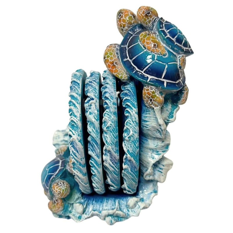  Polyresin Coastal Sea Turtle Coaster Set with Holder Ocean Wave Design for Tabletop Protection