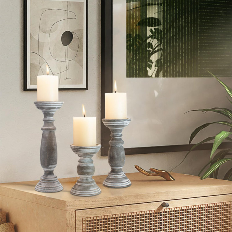 Ensemble de 3 porte-bougies en bois gris rustique