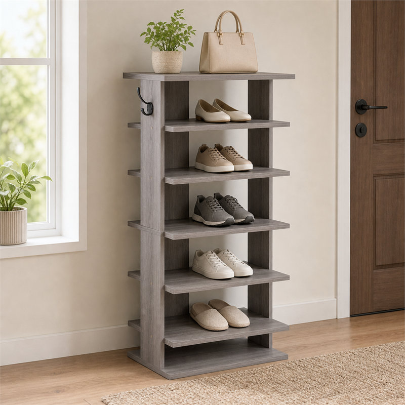 Tour de rangement à chaussures verticale à 7 niveaux avec crochets pour 12 à 14 paires pour placard d'entrée et petits espaces Rustic Gray