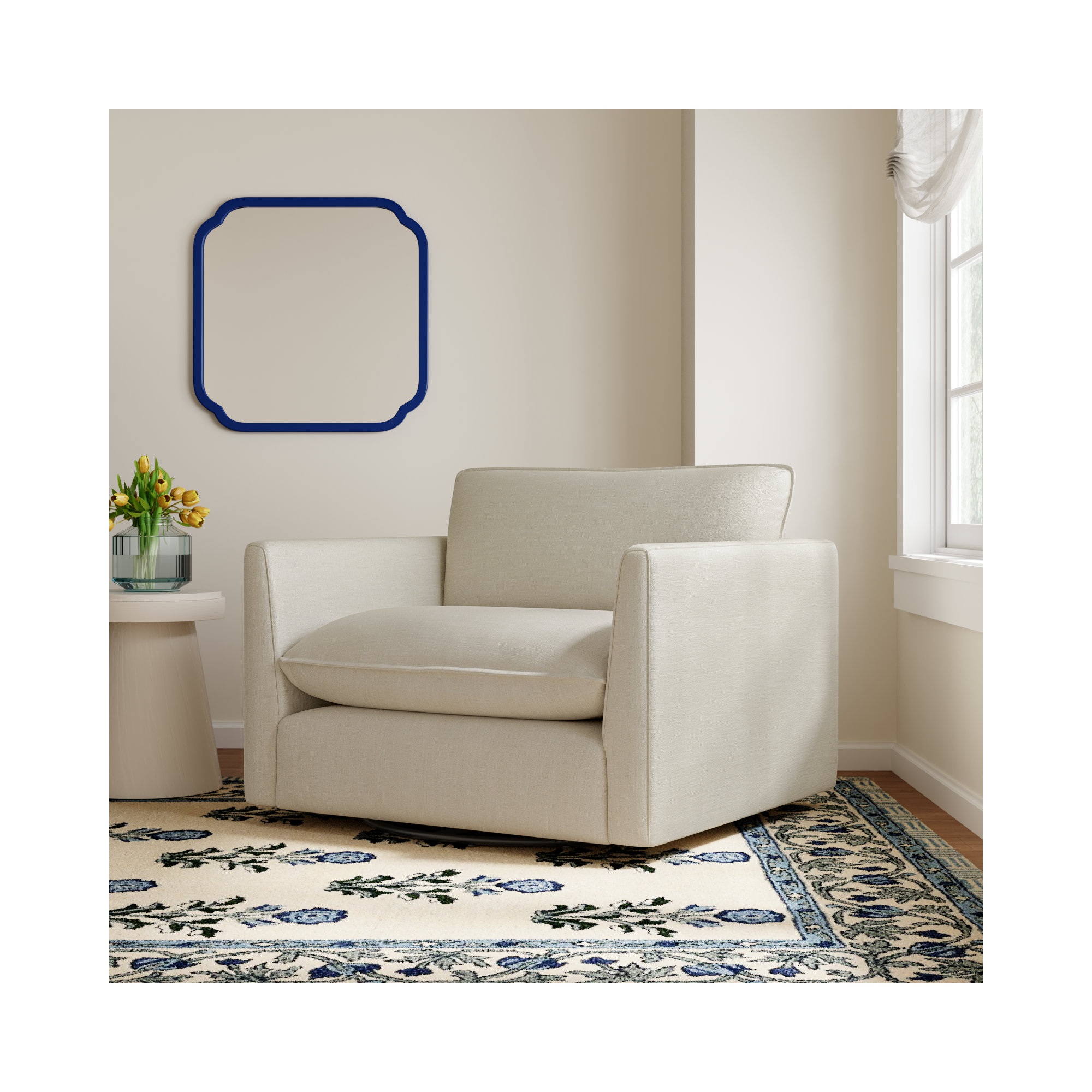 Roselare 45" W Oversized Swivel Armchair, Effie Linen Performance Linen