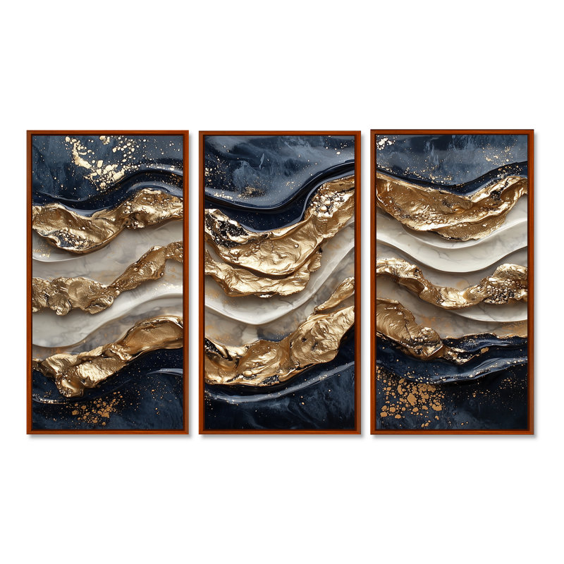 Éclipse dorée sur des vagues dansantes de marbre IV - réalisme abstrait, art mural - ensemble de 3, H 28 po x l 36 po, Brun