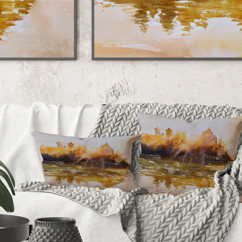 Monastère bénédictin au lever du soleil - Coussin décoratif à imprimé rétro, 16 po x 16 po