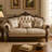Vera Loveseat, Tufted Beige, Rolled Arms, Cherry Brown Solid Wood, 70 Inch